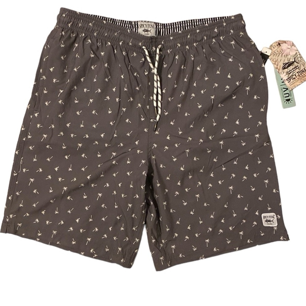 NWT Men’s Swim Shorts. Spicy Tuna UPF 50+ Palm Trees Print. Sz. XXL Runs Small.